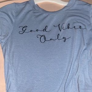 Cute light blue SUPER SOFT cropped top. “good vibes only”